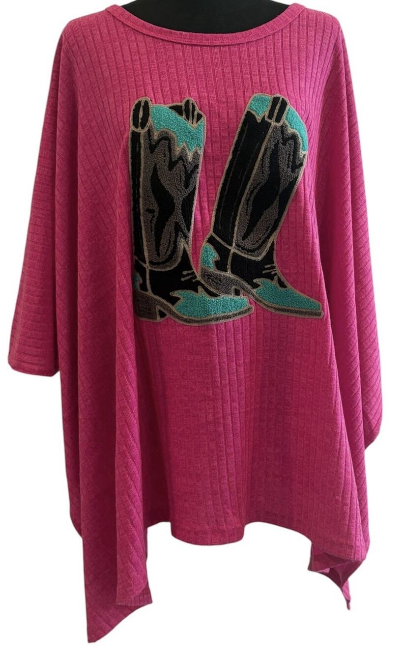 Two 2 Fly Hot Pink Ribbed Kimono Style Shirt with Fuzzy Cowboy Boots Patch L/XL